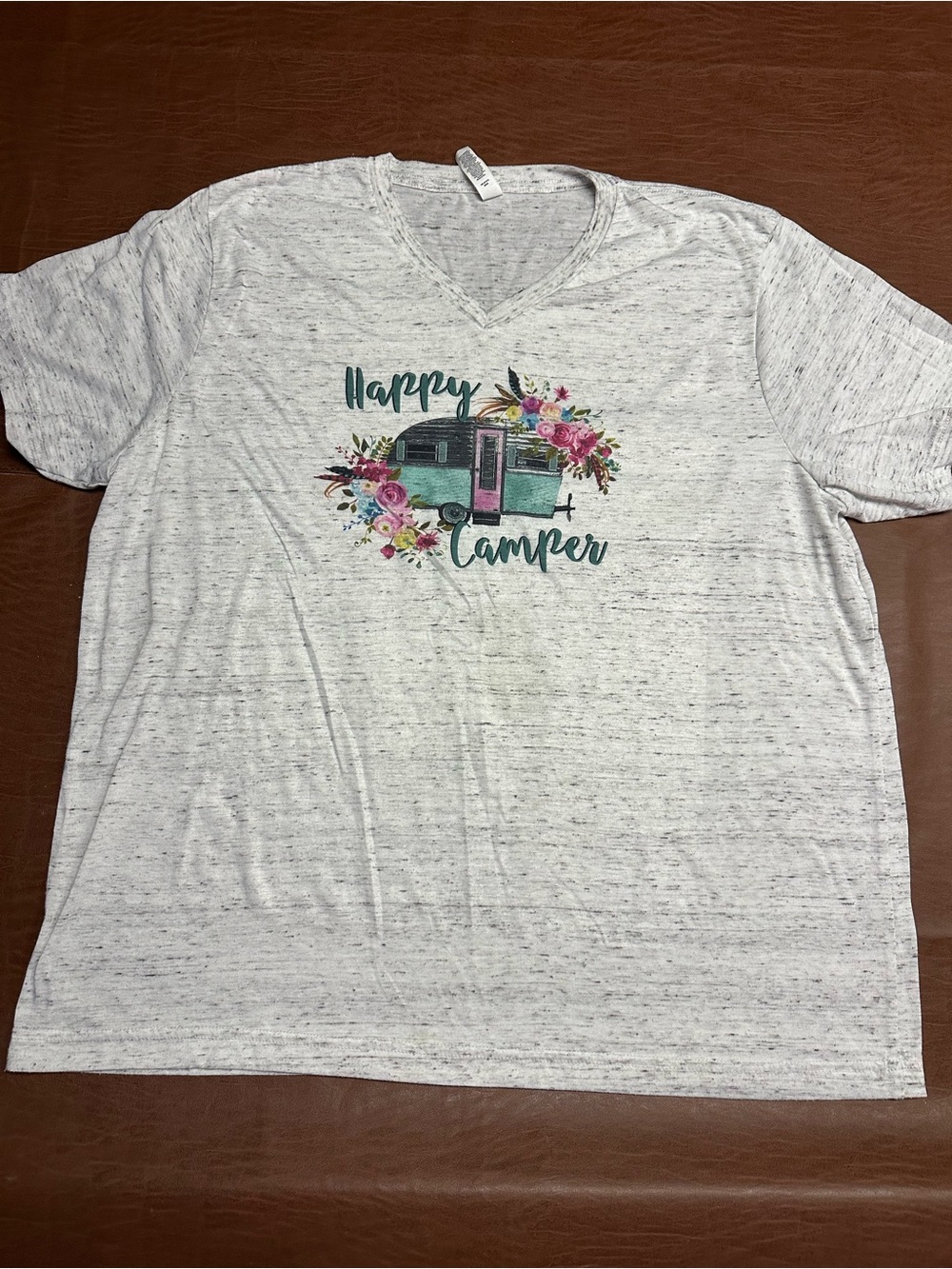 Bella Canvas Heather Gray Floral 'Happy Camper' V-neck T_Shirt, 2X
